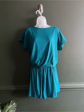 Teal Short-Sleeve Drawcord Romper
